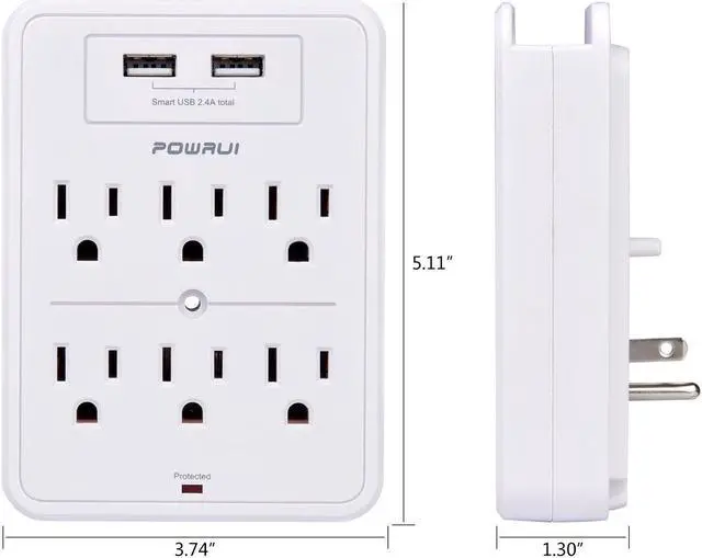 Alt view image 7 of 7 - Surge Protector USB Wall Charger with 2 USB Charging Ports(Smart 2.4A Total) 6-Outlet Extender and Top Phone Holder for Your Cell Phone White ETL Listed