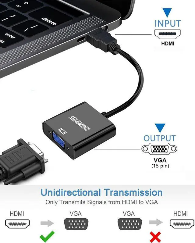 Alt view image 3 of 7 - HDMI to VGA Adapter Gold-Plated HDMI to VGA Adapter Male to Female for Computer Desktop Laptop PC Monitor Projector HDTV Chromebook Raspberry Pi Roku Xbox and More - Black