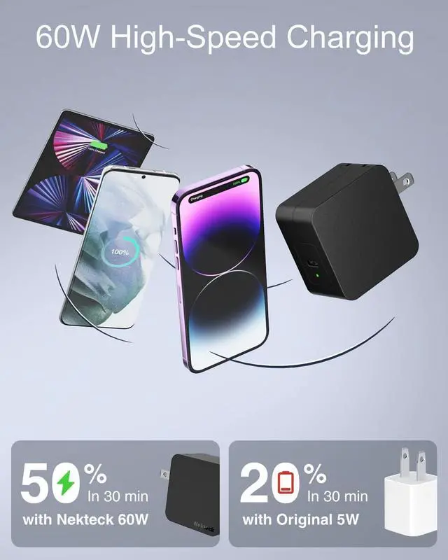 Alt view image 3 of 7 - Nekteck USB C Charger, 60W, GaN Tech, PD 3.0 Fast Charging with Foldable Plug, Compatible with MacBook Air/Pro, iPhone 15/16 Series