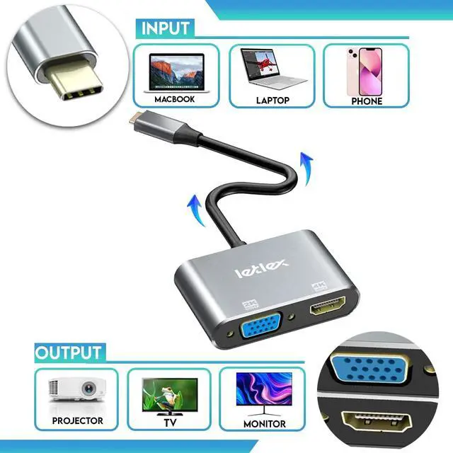 Alt view image 5 of 5 - USBC to VGA/HDMI Adapter USB C Hub Multiport Adapter USB HDMI Adapter 4k@60HZ USB to HDMI Adapter for Monitor USB Type C to VGA HDMI Adapter HDMI to VGA Adapter for Monitor/TV/Smartphones