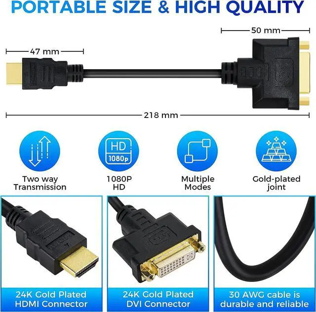 Alt view image 2 of 5 - HDMI Male to DVI Female Adapter (2 Pack)Bi-Directional DVI Female to HDMI Male Connector Support 1080P Full HD Compatible for Roku Xbox One PS5PS4Blue-ray DVD A/V Receivers-0.6ft
