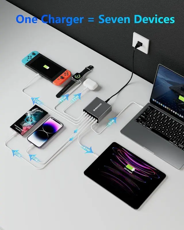 Alt view image 4 of 6 - Aluminum Alloy 260W USB C Charger GaN Charger Fast USB C Charging Station 7 Ports 65W Laptop Charger for MacBook Pro/Air/iPad Pro/iPhone (Grey)