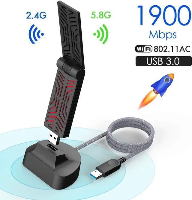 Alt view image 2 of 6 - WAVLINK USB WiFi Adapter for Desktop PC, AC1900 WiFi Adapter Dual Band 2.4GHz/5GHz Wireless Network Adapter for Laptop, Support Windows 7/8/8.1/10/11, MacOS 10.7-10.15