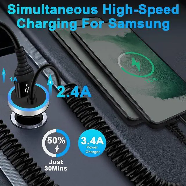 Alt view image 2 of 7 - Android Car Charger Type C Cigarette Lighter Adapter with USB C Coiled Fast Charging Cable for Samsung Galaxy S25/A16/A25/A35/A15/A14 5G/A54/A53 5G/A23/A13/A03S/Z Flip 6 5 4/Z Fold 6 5 4/S24/S23/S22
