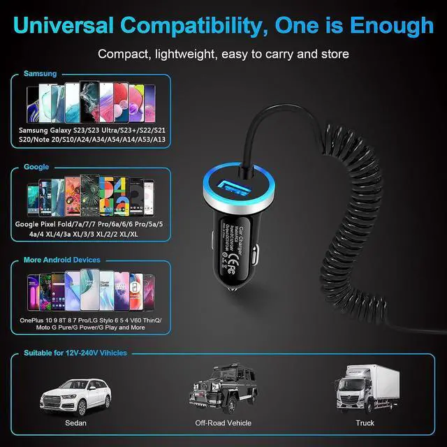 Alt view image 7 of 7 - Android Car Charger Type C Cigarette Lighter Adapter with USB C Coiled Fast Charging Cable for Samsung Galaxy S25/A16/A25/A35/A15/A14 5G/A54/A53 5G/A23/A13/A03S/Z Flip 6 5 4/Z Fold 6 5 4/S24/S23/S22