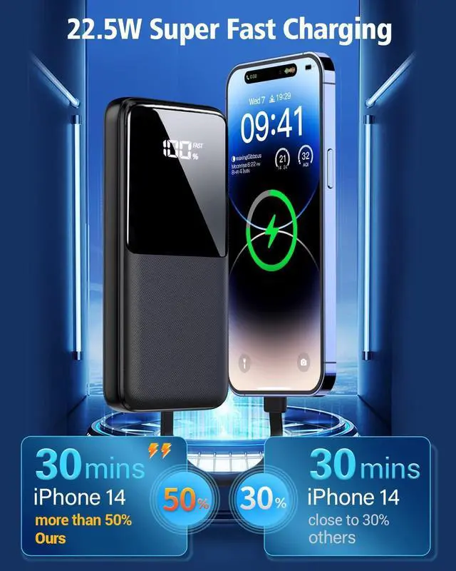 Alt view image 3 of 7 - Portable Charger Power Bank - 15000mAh Fast Charging Powerbank Travel Camping Essential Battery Pack with Built in 22.5W Output Cable Compatible with iPhone16 15 14 13 Samsung Google Phone, 1 Pack
