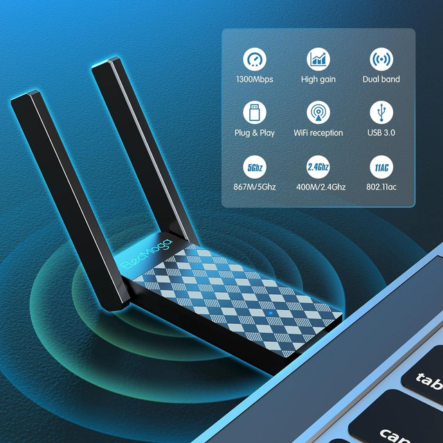 thumbnail interactive-video image 1 of 1300Mbps USB 3.0 WiFi Adapter - Dual Band 2.4G/5.8G With Antenna - For PC/Mac/Linux 1 of 3