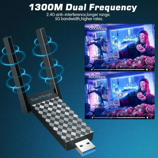 Alt view image 7 of 7 - USB WiFi Adapter 1300Mbps Wireless Network Adapter Dual Band 5GHz/2.4GHz WiFi Dongle USB 3.0 5dBi Antenna WiFi Adaptor for Desktop PC Support Windows 11/10/8.1/8/7 Mac OS 10.9-10.15