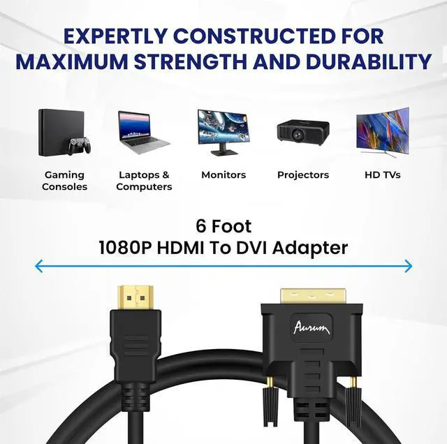 Alt view image 2 of 6 - AURUM CABLES HDMI to DVI Adapter 6 Feet High-Speed Bi-Directional Male to Male DVI to HDMI Adapter 1080P Gold Plated 30 AWG Laptop to Monitor Cable HD Compatible with PC TV Xbox PS Black