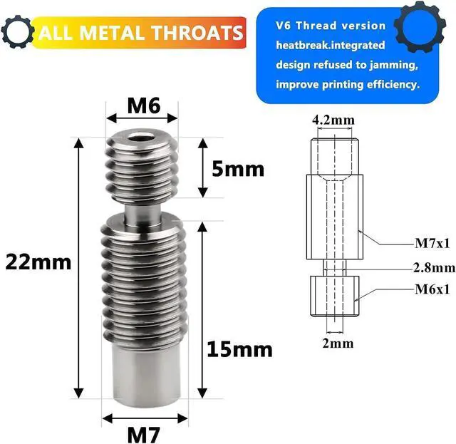 Alt view image 2 of 5 - Pack of 2pcs 3D Printer Super Smooth Titanium Alloy Heat Break All Metal Thermal Barrel Feeding Tube Heatbreak Throat for 1.75MM V6 HOTEND and Titan Aero Extruder use