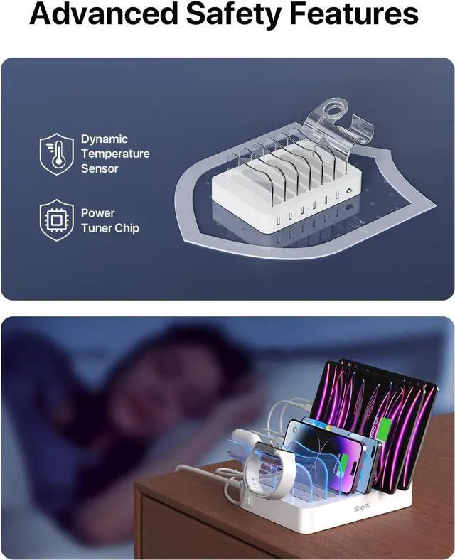 Alt view image 5 of 7 - SooPii Premium 6-Port USB Charging Station Organizer for Multiple Devices, 6 Short Charging Cables and One Upgraded i-Watch Charger Holder Included, for Phones, Tablets, and Other Electronics, White