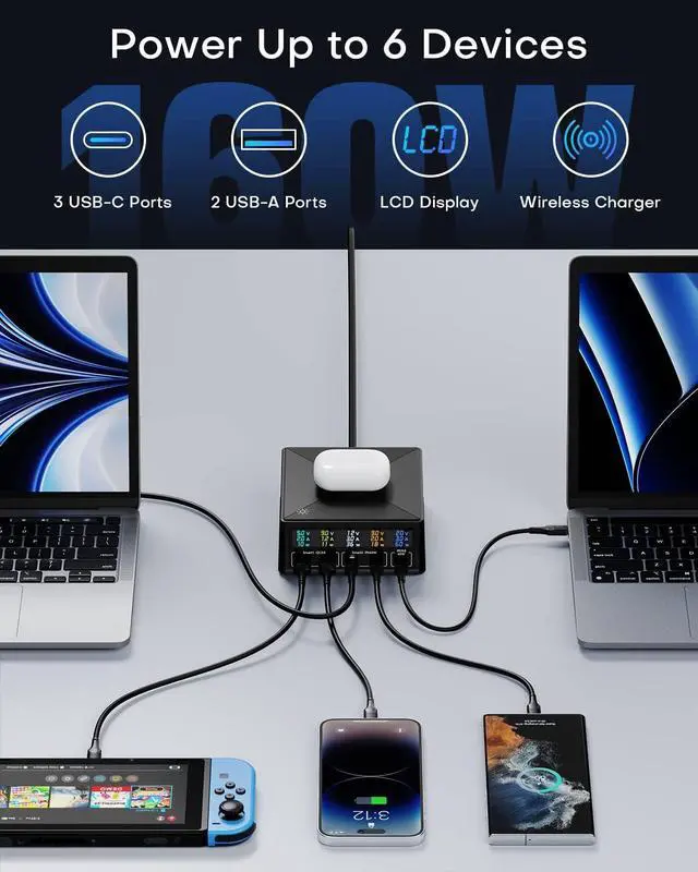 Alt view image 3 of 7 - USB Charging Station,ASOMETECH 160W 5-Port USB C Charging Station with 65W PD USB-C Port,QC3.0 Port,Wireless Charger,LCD Display Multi Port Fast USB Charging Hub for MacBook,Laptop,iPad,iPhone,Samsung