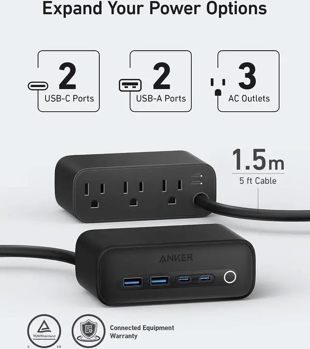 Alt view image 2 of 6 - Charging Station, 7-in-1 USB C Power Strip for iphone13/14, 5ft Extension Cord with 3AC,2USB A,2USB C,Max 65W Power Delivery Desktop Accessory for MacBook Pro, Home, Office (Phantom Black)