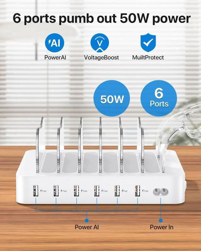 Alt view image 2 of 7 - SooPii Premium 6-Port USB Charging Station Organizer for Multiple Devices, 6 Short Charging Cables and One Upgraded i-Watch Charger Holder Included, for Phones, Tablets, and Other Electronics, White
