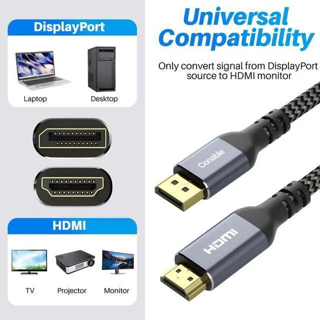 Alt view image 4 of 6 - 4K DisplayPort to HDMI Cable 10FT 4K@60Hz HDR High Speed Active Display Port to HDMI Cable UHD Converter Uni-Directional Braided Cord Support 4K@60Hz 2K@120Hz 1080P for HDTV Monitor Projector