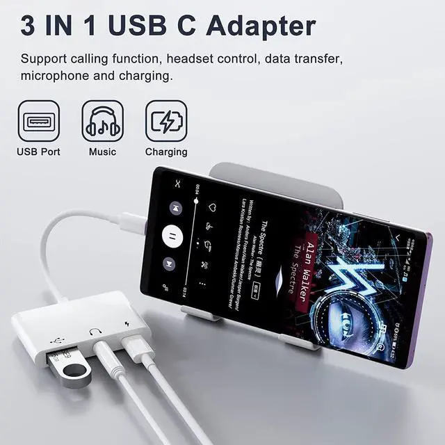 Alt view image 2 of 7 - USB C to 3.5mm Jack Headphone Adapter with Charger OTG Cable Adapter Type C to Aux Audio Earphones Splitter for  Galaxy S22 Ultra S21 S20 i-Pad Pro Air Pixel 4 Laptops (White)