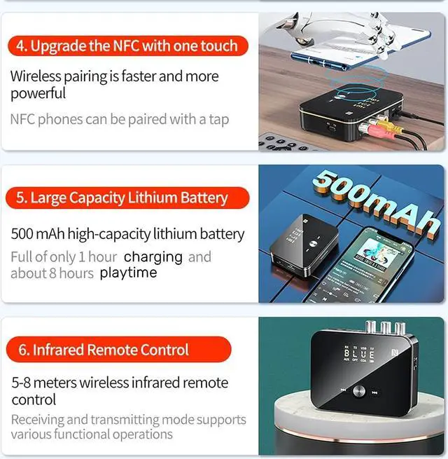 Alt view image 3 of 7 - Bluetooth 5.0 Audio Receiver Transmitter 2 in 1 with Remote Bluetooth Hi-Fi Audio Adapter with 3.5mmRCA COAXIAL Optical NFC Aptx-LL for Home and Car Stereo AV Receiver or Amplifier