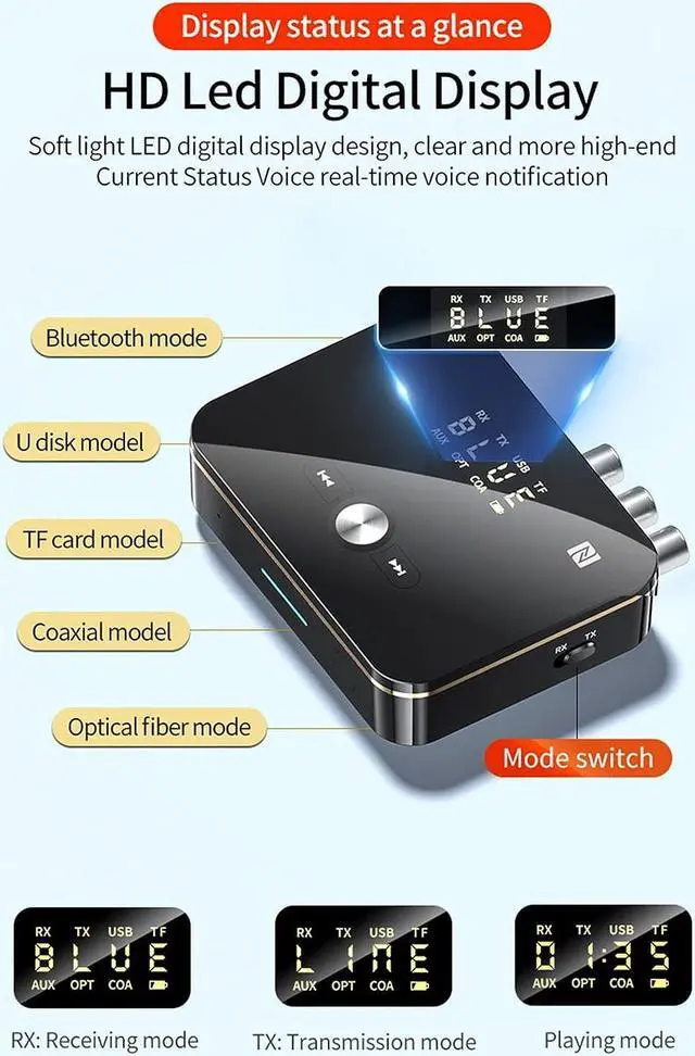 Alt view image 6 of 7 - Bluetooth 5.0 Audio Receiver Transmitter 2 in 1 with Remote Bluetooth Hi-Fi Audio Adapter with 3.5mmRCA COAXIAL Optical NFC Aptx-LL for Home and Car Stereo AV Receiver or Amplifier
