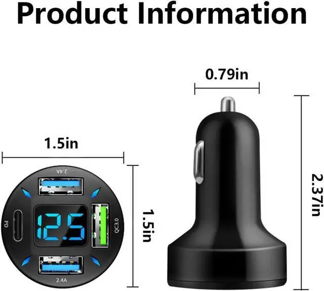 Alt view image 2 of 7 - 4 Ports USB Car Charger USB Adapter with Voltmeter Type C Port PD 3.1/QC 3.0 Super Fast Charging Car Cigarette Lighter Plug for iPhone 14 13 12 S22 S21 S20 iPad Pro& More Mobil Phone (Black)