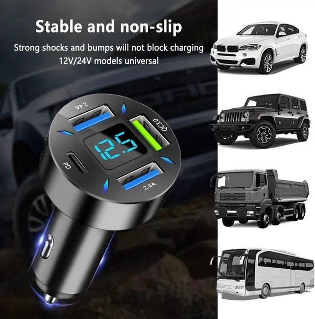 Alt view image 6 of 7 - 4 Ports USB Car Charger USB Adapter with Voltmeter Type C Port PD 3.1/QC 3.0 Super Fast Charging Car Cigarette Lighter Plug for iPhone 14 13 12 S22 S21 S20 iPad Pro& More Mobil Phone (Black)
