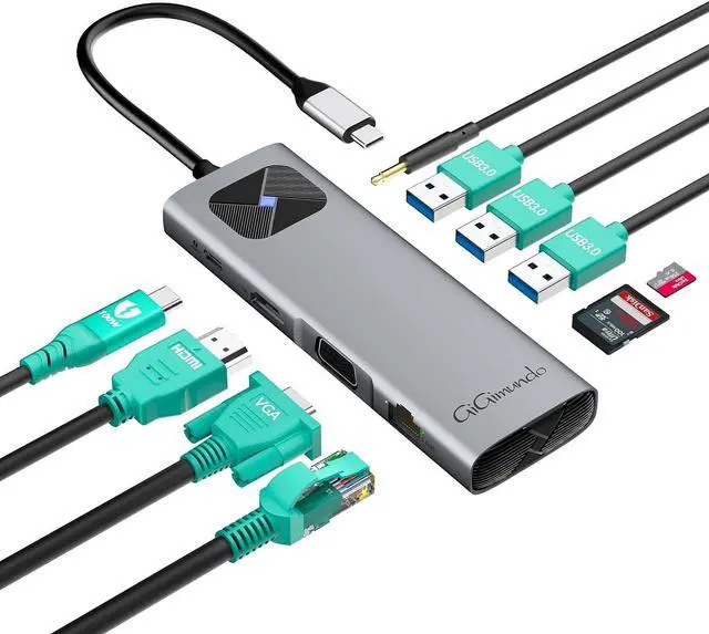 Main image of GiGimundo USB-C Laptop Docking Station, Aluminum Shell USB C Hub, PD100W Charging, RJ45 Gigabit Network, 3xUSB, 1xHDMI 4K, 1xVGA, 1xSD/TF, 1x3.5mm Audio Jack, Type-C Hub for MacBook, iPad, XPS, Grey