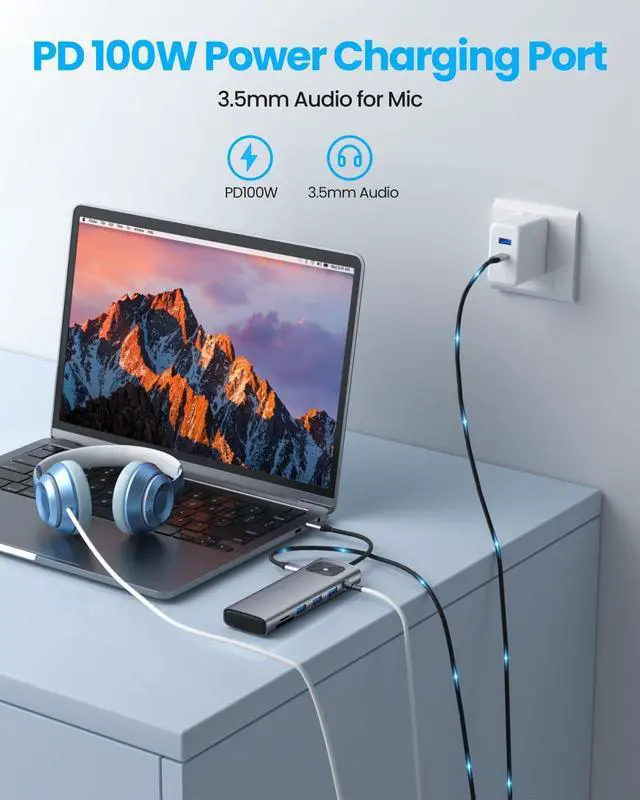 Alt view image 5 of 7 - GiGimundo USB-C Laptop Docking Station, Aluminum Shell USB C Hub, PD100W Charging, RJ45 Gigabit Network, 3xUSB, 1xHDMI 4K, 1xVGA, 1xSD/TF, 1x3.5mm Audio Jack, Type-C Hub for MacBook, iPad, XPS, Grey