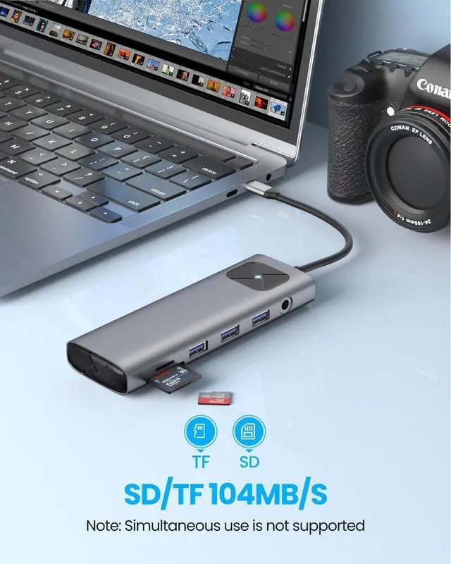 Alt view image 6 of 7 - GiGimundo USB-C Laptop Docking Station, Aluminum Shell USB C Hub, PD100W Charging, RJ45 Gigabit Network, 3xUSB, 1xHDMI 4K, 1xVGA, 1xSD/TF, 1x3.5mm Audio Jack, Type-C Hub for MacBook, iPad, XPS, Grey