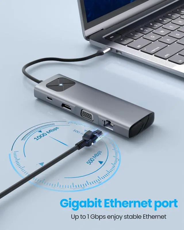 Alt view image 7 of 7 - GiGimundo USB-C Laptop Docking Station, Aluminum Shell USB C Hub, PD100W Charging, RJ45 Gigabit Network, 3xUSB, 1xHDMI 4K, 1xVGA, 1xSD/TF, 1x3.5mm Audio Jack, Type-C Hub for MacBook, iPad, XPS, Grey