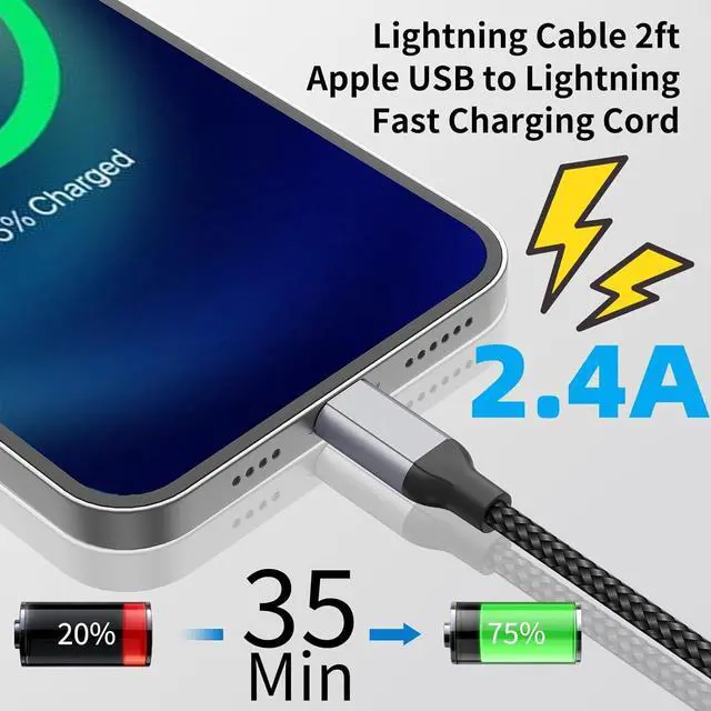Alt view image 4 of 7 - 2 FT iPhone Charging Cable 2 Pack [MFi Certified] USB to Lightning Cable 2ft for Car Fast Charging Braided Short iPhone Cord Compatible with  iPhone 14/13/12/11Pro/X/XR/8/7/6s/Plus/SE/iPad