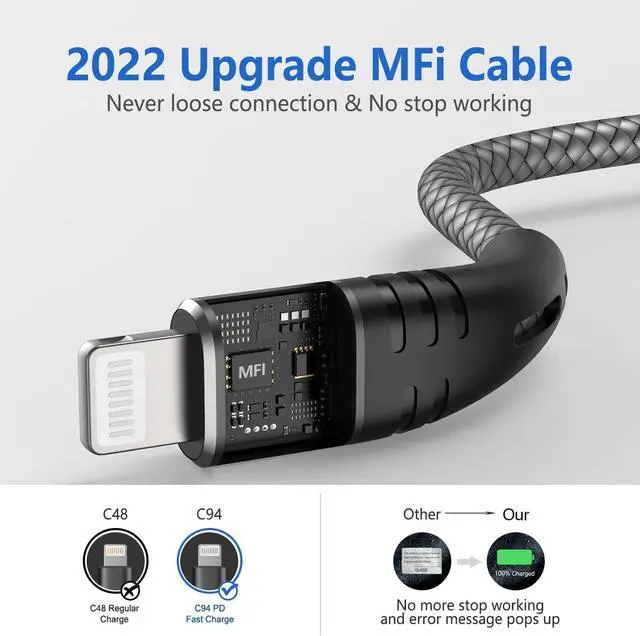 Alt view image 5 of 7 - 3-Pack  MFI Certified USB C to Lightning Cable 6 ft USB-C Nylon Braided iPhone Charger Cord t Type C Fast Charging Compatible with  iPhone 14/13/12/11/ Pro/Pro Max/Mini/Air Pods Pro.(Grey)