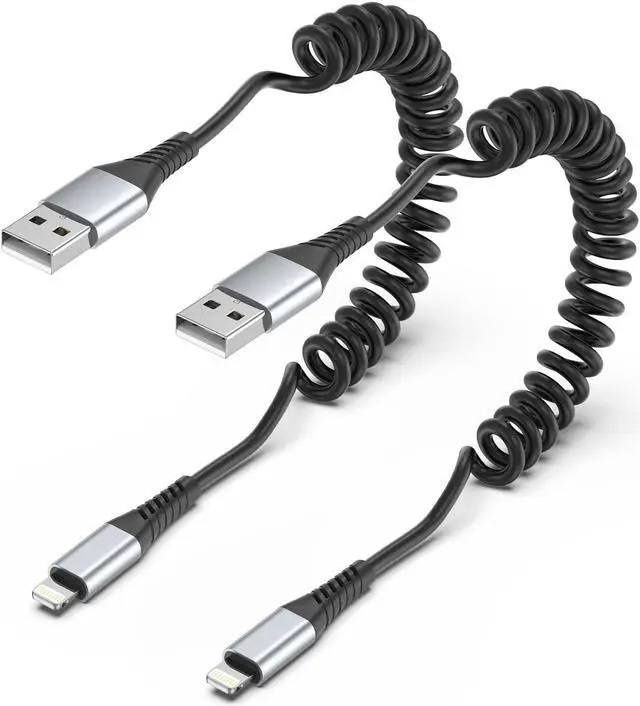 Main image of Coiled Lightning Cable 2 Pack Retractable iPhone Charger Cord for Car USB to Lightning Cable Fast Charging Compatible with  CarPlay iPhone 14 13 12 11 Pro Max Mini 10 8 Plus XR SE AirPods