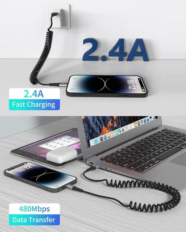 Alt view image 2 of 6 - Coiled Lightning Cable 2 Pack Retractable iPhone Charger Cord for Car USB to Lightning Cable Fast Charging Compatible with  CarPlay iPhone 14 13 12 11 Pro Max Mini 10 8 Plus XR SE AirPods