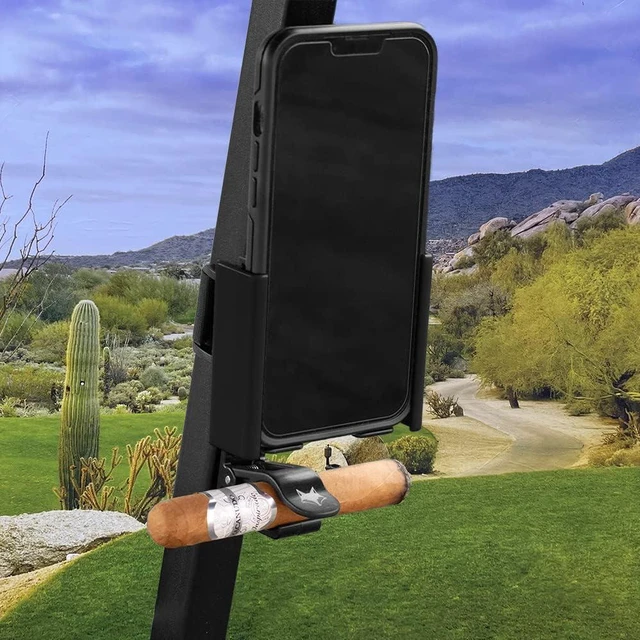 Alt view image 4 of 7 - Phone Caddy and Cigar Holder - Adjustable Cart Mount With Secure Clip - Hands-Free GPS & App Access - Fits All Phones (Black)