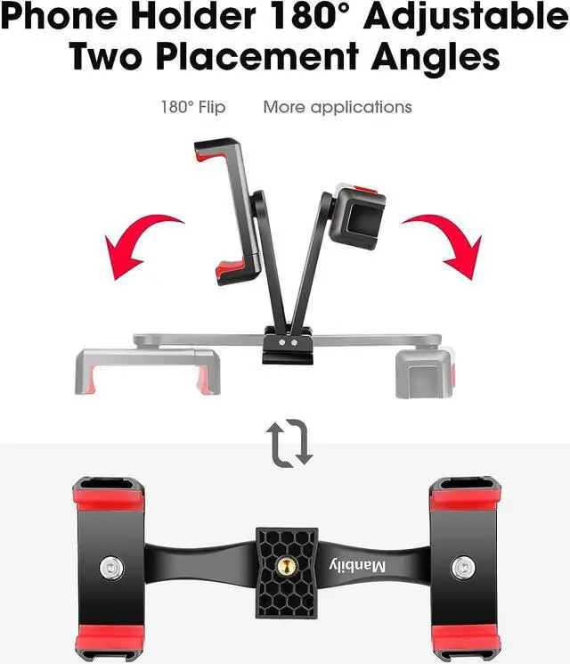 Alt view image 2 of 7 - Manbily Phone Tripod Mount Adapter,360° Rotatable Dual  Phone Holder Clip,Adjustable Clamp with 4 Cold Shoe, 1/4'' Screw Fits Tripod Monopod Selfie Stick,for Vlog Live Streaming  Recording
