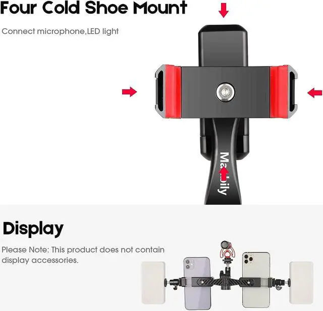 Alt view image 5 of 7 - Manbily Phone Tripod Mount Adapter,360° Rotatable Dual  Phone Holder Clip,Adjustable Clamp with 4 Cold Shoe, 1/4'' Screw Fits Tripod Monopod Selfie Stick,for Vlog Live Streaming  Recording
