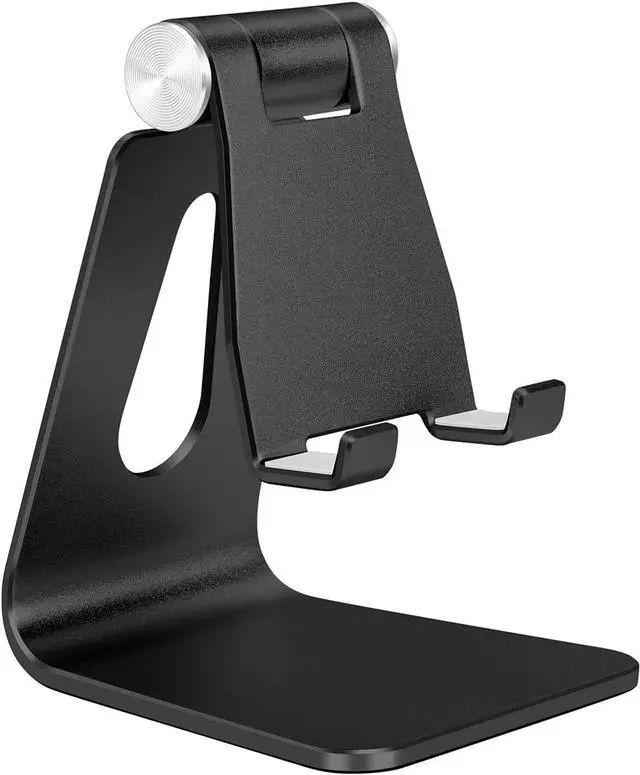 Main image of Black Foldable Aluminum Alloy Cell Phone Holder Tabletop Metal Phone Stand with Adjustable Angle by Swivel Axis Smartphone Cradle