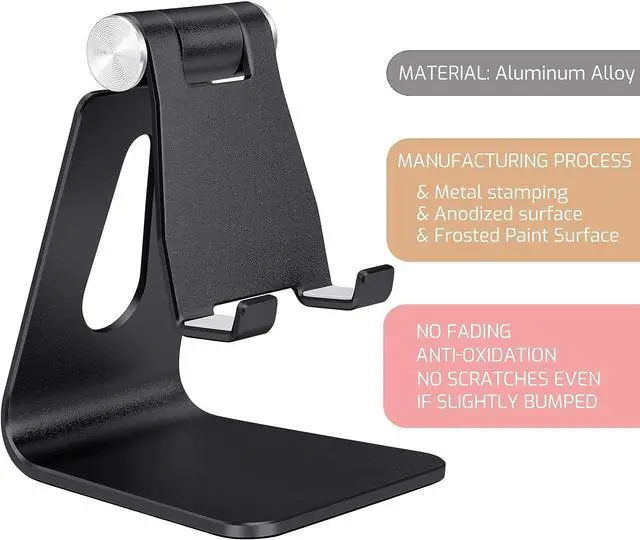 Alt view image 3 of 7 - Black Foldable Aluminum Alloy Cell Phone Holder Tabletop Metal Phone Stand with Adjustable Angle by Swivel Axis Smartphone Cradle