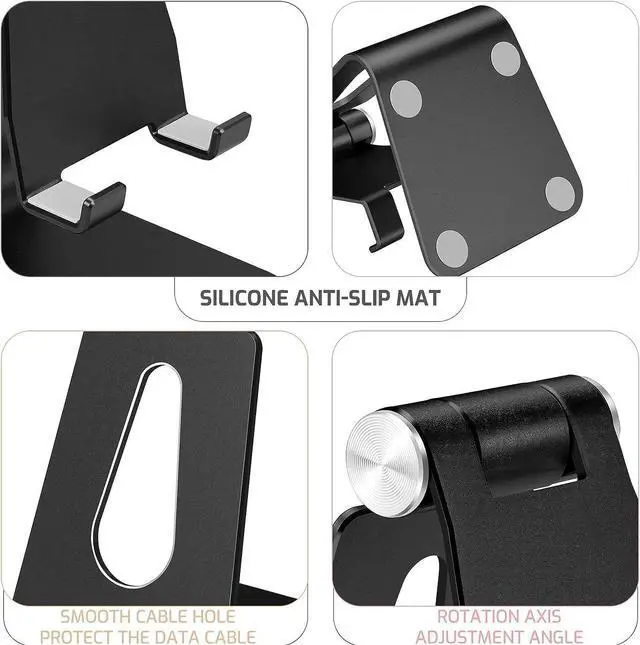 Alt view image 4 of 7 - Black Foldable Aluminum Alloy Cell Phone Holder Tabletop Metal Phone Stand with Adjustable Angle by Swivel Axis Smartphone Cradle