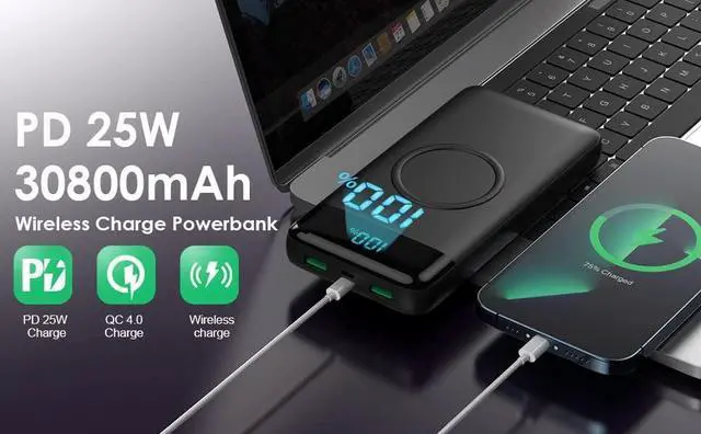 Alt view image 7 of 7 - Wireless Portable Charger 30 800mAh 15W Wireless Charging 25W PD QC4.0 Fast Charging Smart LCD Display USB-C Power Bank 4 Output External Battery Pack Compatible with iPhone 16/15/14/13  etc
