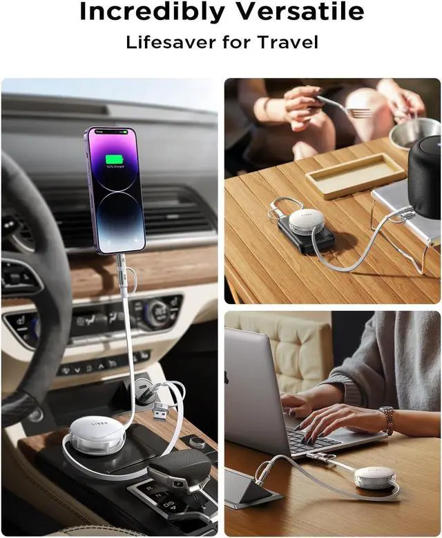 Alt view image 6 of 7 - 5-in-1 Fast Charging Retractable Cable for iPhone iPad  - 60W Charger with USB-C/A Ports for Phones Tablets White