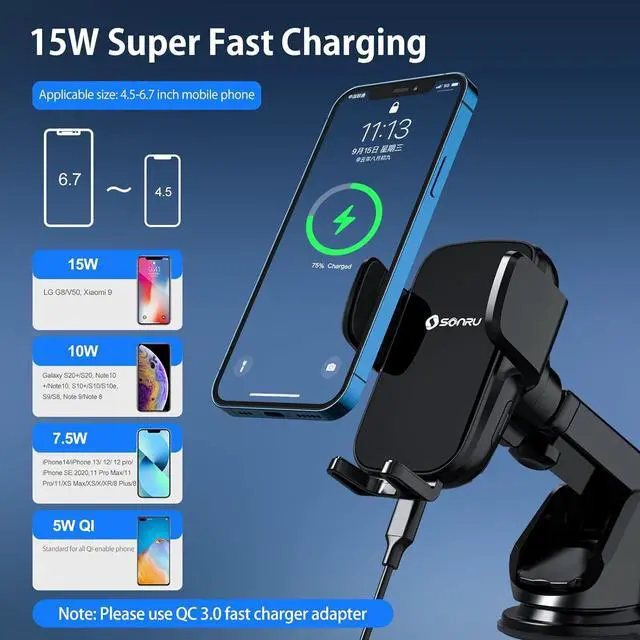 Alt view image 6 of 7 - Wireless Car Charger Mount, 15W Fast Charging Auto-Clamping Car Phone Holder, Windshield Dashboard Air Vent Car Charging Holder for iPhone Samsung Google LG etc