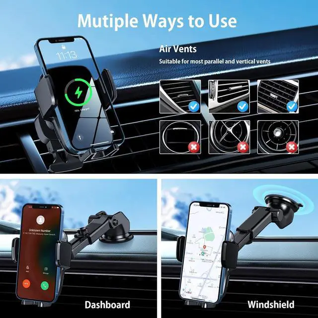 Alt view image 7 of 7 - Wireless Car Charger Mount, 15W Fast Charging Auto-Clamping Car Phone Holder, Windshield Dashboard Air Vent Car Charging Holder for iPhone Samsung Google LG etc