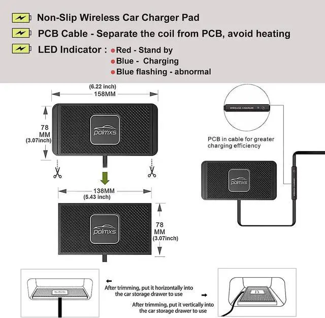 Alt view image 3 of 7 - Wireless Charger Car Charging pad 15W Fast Wireless Phone Charger Non Slip Cell Phone Flat Charging mat Compatible with iPhone 11/12/12/14/15 Galaxy S21/S22/S23/24 NOTE10 (30cm Cable)(C2Y)