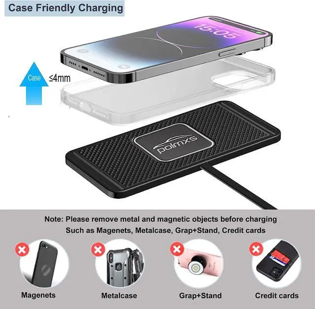 Alt view image 5 of 7 - Wireless Charger Car Charging pad 15W Fast Wireless Phone Charger Non Slip Cell Phone Flat Charging mat Compatible with iPhone 11/12/12/14/15 Galaxy S21/S22/S23/24 NOTE10 (30cm Cable)(C2Y)
