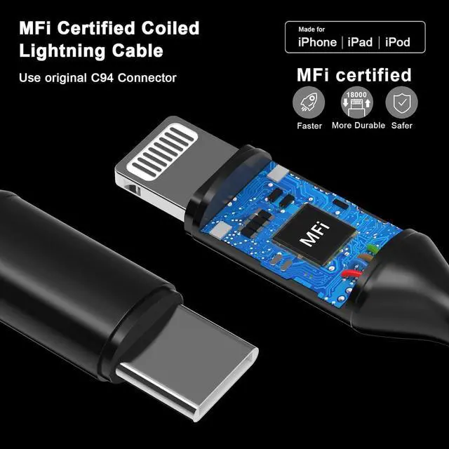 Alt view image 7 of 7 - Coiled USB C to Lightning Cable [Apple MFi Certified] 2 Pack iPhone Fast Charge Cord 3FT Super Fast Charging for iPhone 14/Pro Max/13/12/11 Pro/11/X/8/7/6 Connect Carplay Car Wall Charge Black