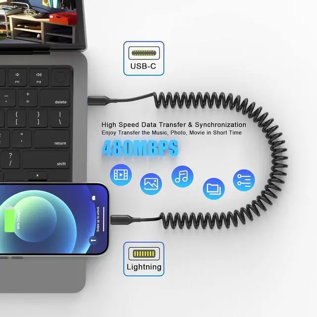 Alt view image 4 of 7 - Coiled USB C to Lightning Cable [Apple MFi Certified] 2 Pack iPhone Fast Charge Cord 3FT Super Fast Charging for iPhone 14/Pro Max/13/12/11 Pro/11/X/8/7/6 Connect Carplay Car Wall Charge Black