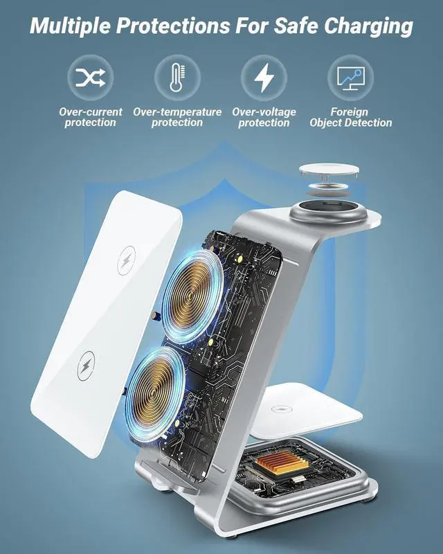 Alt view image 5 of 7 - 3 in 1 Wireless Charger,Fast Wireless Charging Station for iPhone 15/14/13/12/11 Pro Max/X/Xs Max,Aluminum Alloy Charger Stand for iWatch 9/8/7/6/SE/5/4/3/2,AirPods Pro 2/Pro/3/2(Silver)
