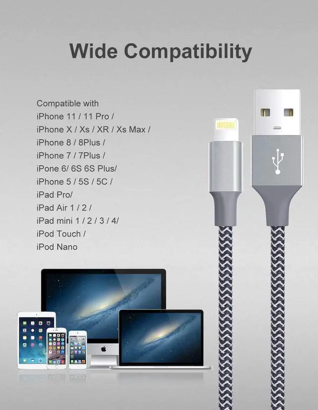 Alt view image 7 of 7 - Lightning Cable Apple Certified iPhone Charger 3Pack 6ft Braided Lighting to USB A Charging Cord Compatible with iPhone 14 13 12 11 Pro Max X 8 7 6s Plus 5S iPad Pro and More Black