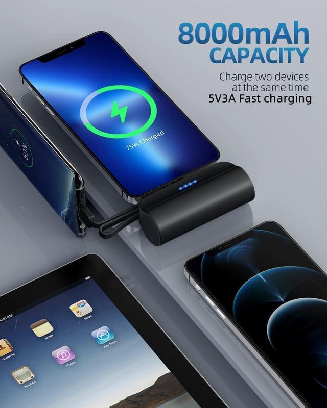 Portable-Charger-Power-Bank - 8000mAh Ultra Compact Portable Phone Charger  5V3A Output Battery Pack Built-in Type-C Cable and Cell Phone Holder  Compatible with iPhone and Samsung etc.(Black) 