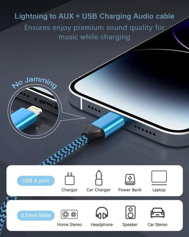 Alt view image 4 of 7 - iPhone Aux Cord for Car Lightning to 3.5mm Aux Cord 2 in 1 Audio and Charging Cable for Car Home Stereo Speaker Headphone Car Charger Compatible with iPhone 14 13 12 11 Pro Max XR XS 8 iPad iPod-4FT
